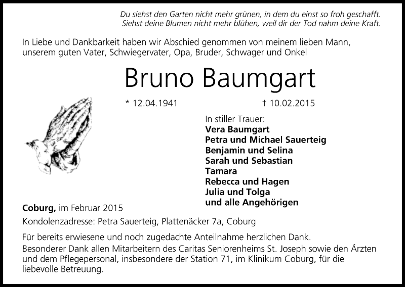  Traueranzeige für Bruno Baumgart vom 21.02.2015 aus MGO
