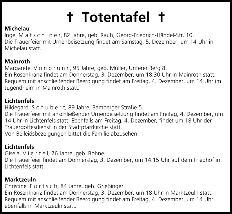  Traueranzeige für Totentafel vom 03.12.2015 vom 03.12.2015 aus MGO