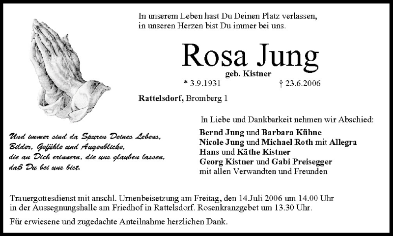  Traueranzeige für Rosa Jung vom 12.07.2006 aus MGO