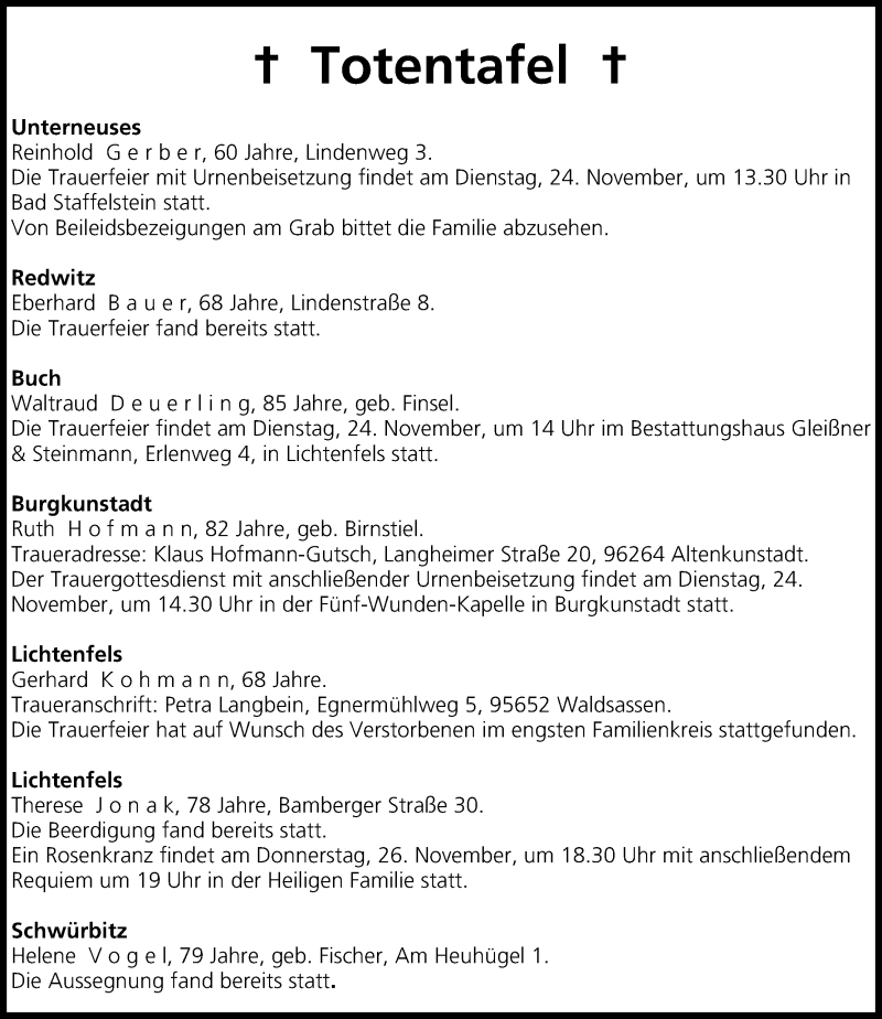  Traueranzeige für Totentafel vom 24.11.2015 vom 24.11.2015 aus MGO