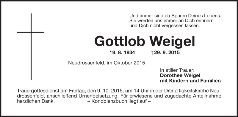  Traueranzeige für Gottlob Weigel vom 06.10.2015 aus MGO