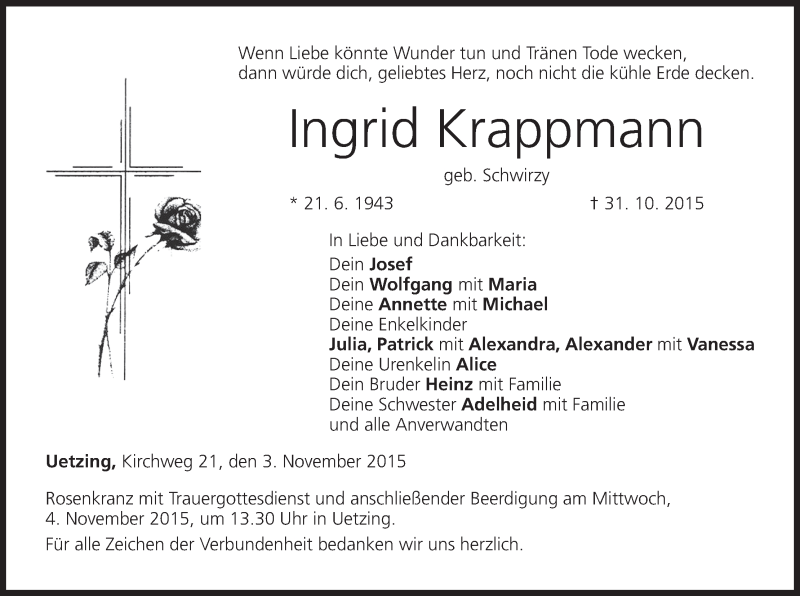  Traueranzeige für Ingrid Krappmann vom 03.11.2015 aus MGO