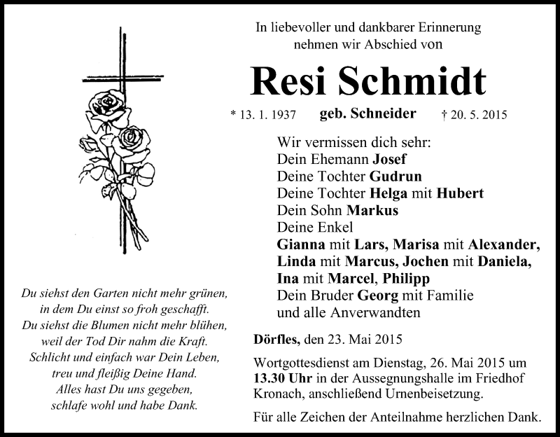  Traueranzeige für Resi Schmidt vom 23.05.2015 aus MGO