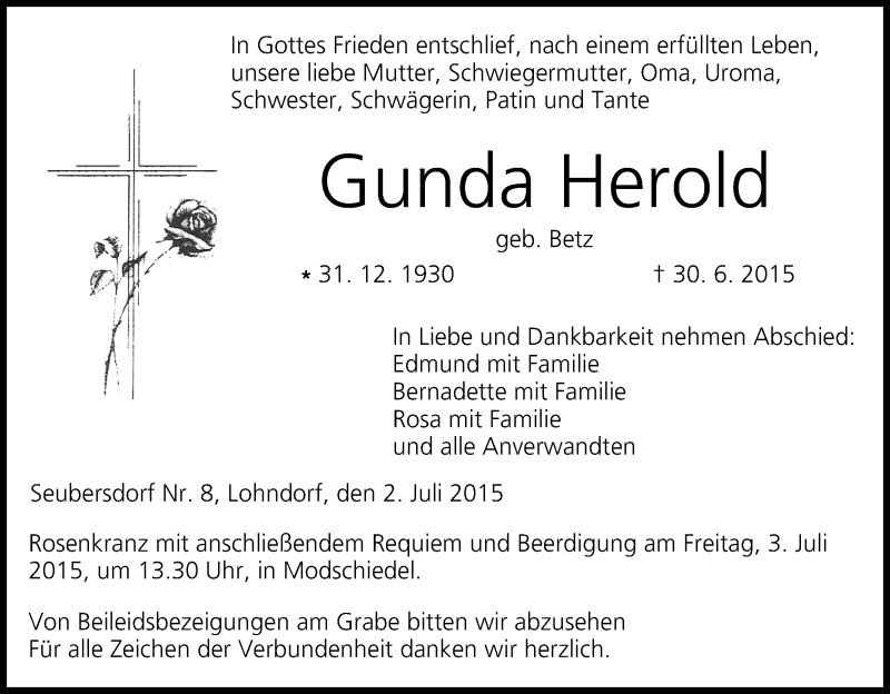  Traueranzeige für Gunda Herold vom 02.07.2015 aus MGO