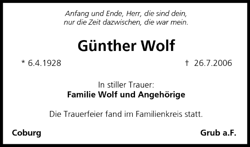Günther Wolf Traueranzeige trauer.inFranken.de
