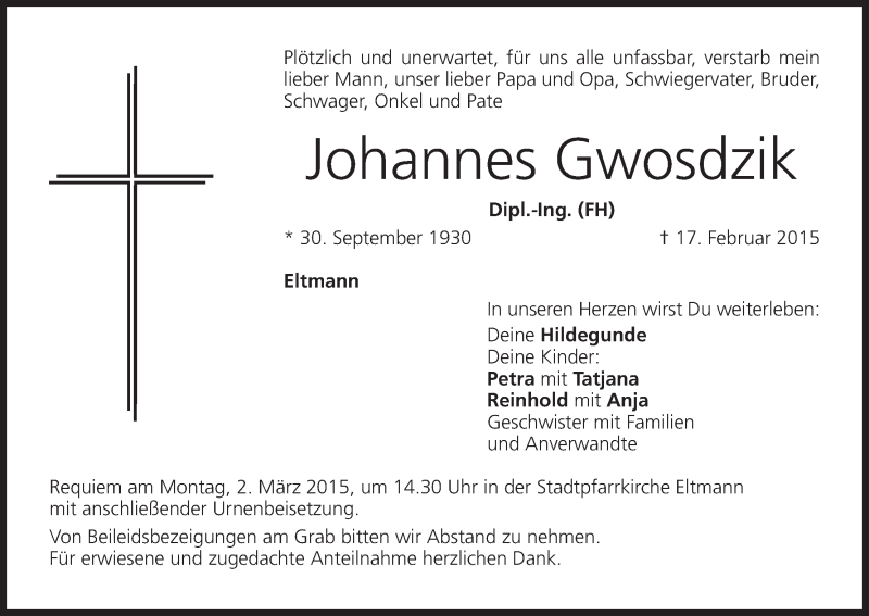  Traueranzeige für Johannes Gwosdzik vom 27.02.2015 aus MGO