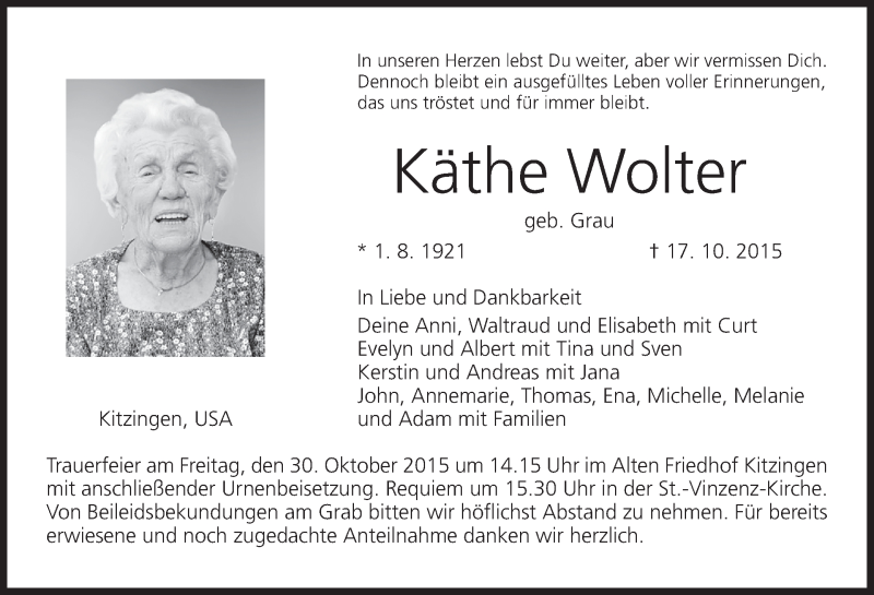  Traueranzeige für Käthe Wolter vom 28.10.2015 aus MGO