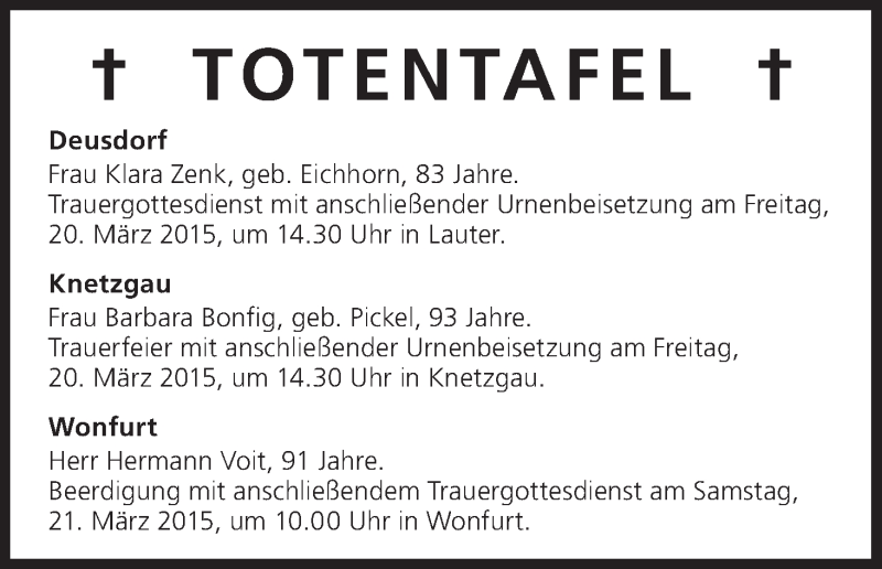  Traueranzeige für Totentafel vom 19.03.2015 vom 19.03.2015 aus MGO