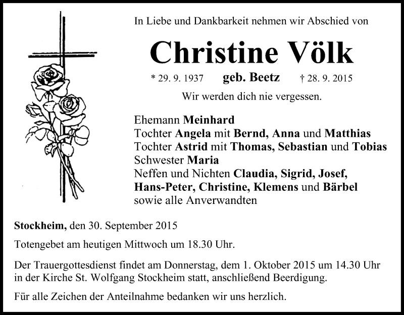  Traueranzeige für Christine Völk vom 30.09.2015 aus MGO
