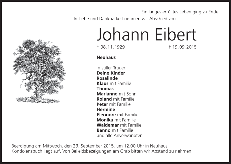  Traueranzeige für Johann Eibert vom 22.09.2015 aus MGO