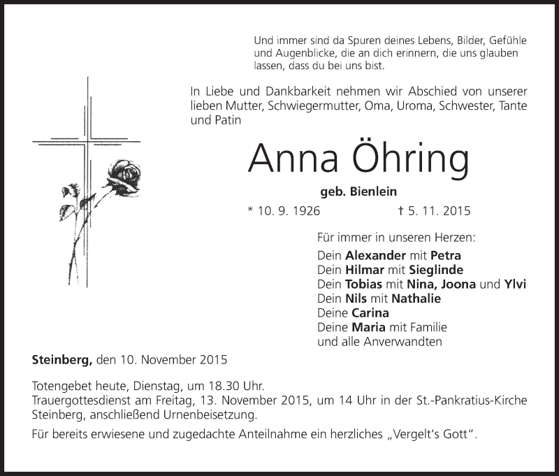  Traueranzeige für Anna Öhring vom 10.11.2015 aus MGO