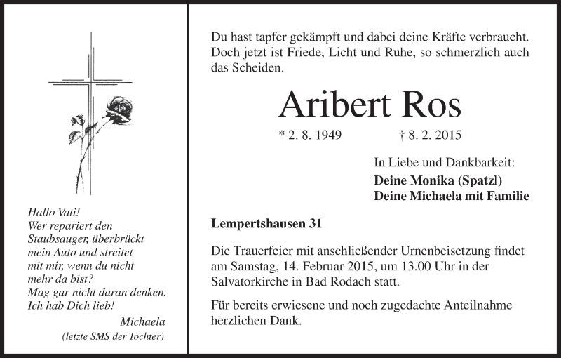 Traueranzeige für Aribert Ros vom 11.02.2015 aus MGO