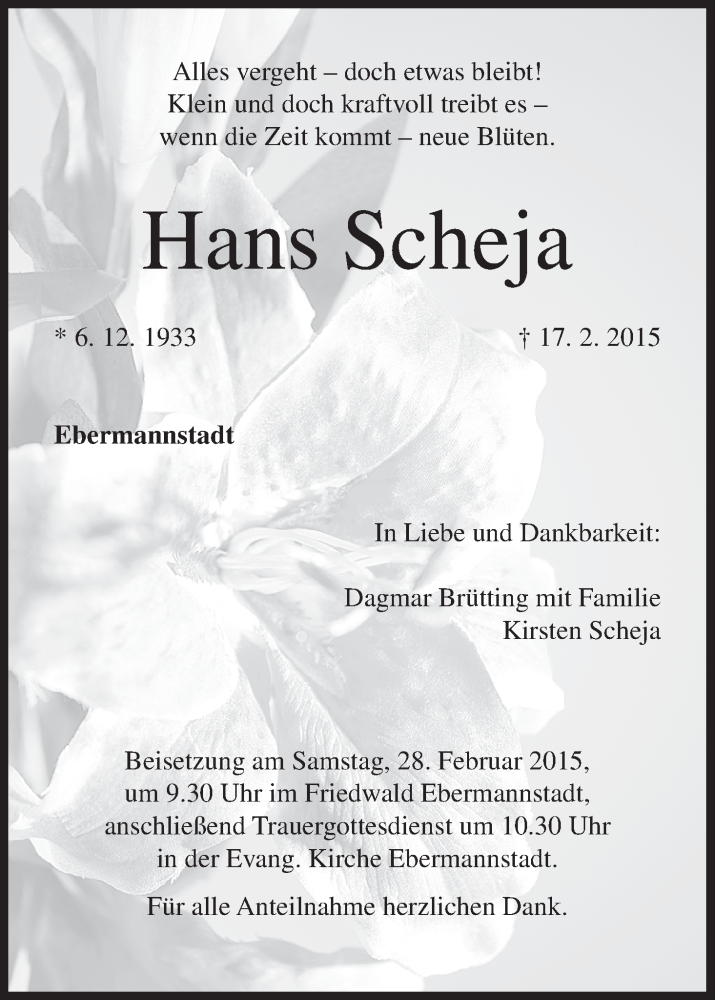  Traueranzeige für Hans Scheja vom 25.02.2015 aus MGO
