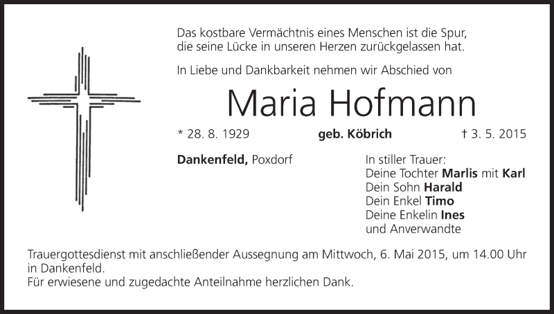  Traueranzeige für Maria Hofmann vom 05.05.2015 aus MGO
