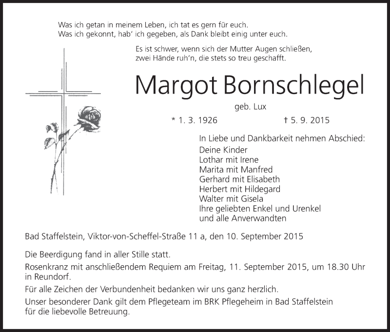  Traueranzeige für Margot Bornschlegel vom 10.09.2015 aus MGO