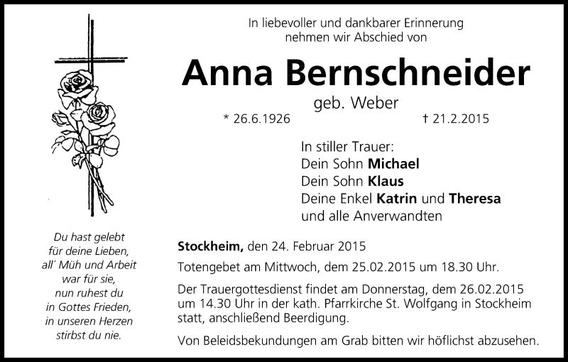  Traueranzeige für Anna Bernschneider vom 24.02.2015 aus MGO