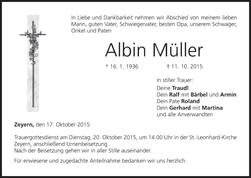  Traueranzeige für Albin Müller vom 17.10.2015 aus MGO