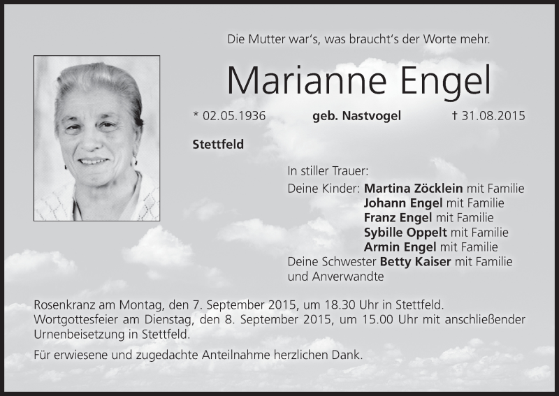  Traueranzeige für Marianne Engel vom 05.09.2015 aus MGO
