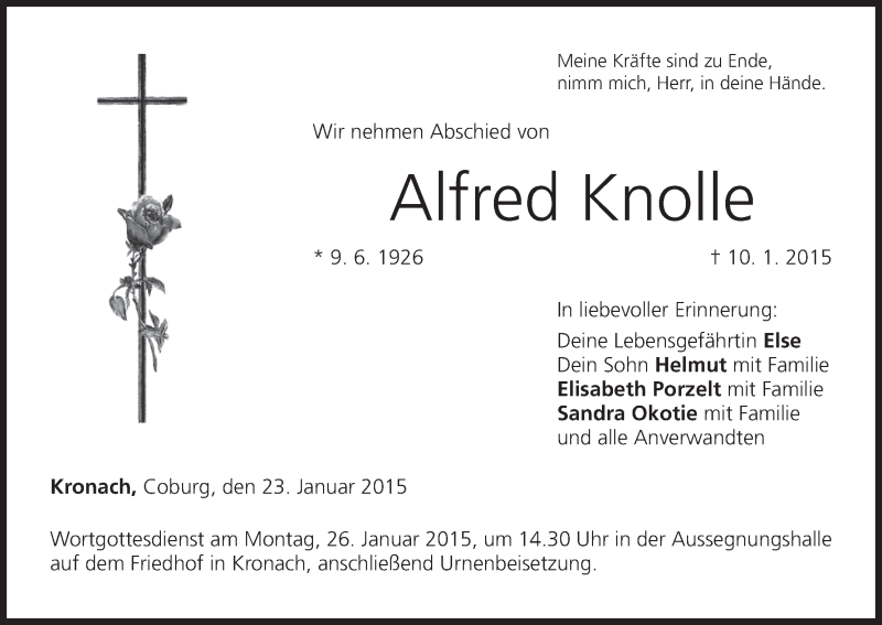  Traueranzeige für Alfred Knolle vom 23.01.2015 aus MGO