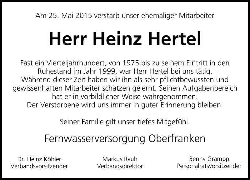  Traueranzeige für Heinz Hertel vom 30.05.2015 aus MGO