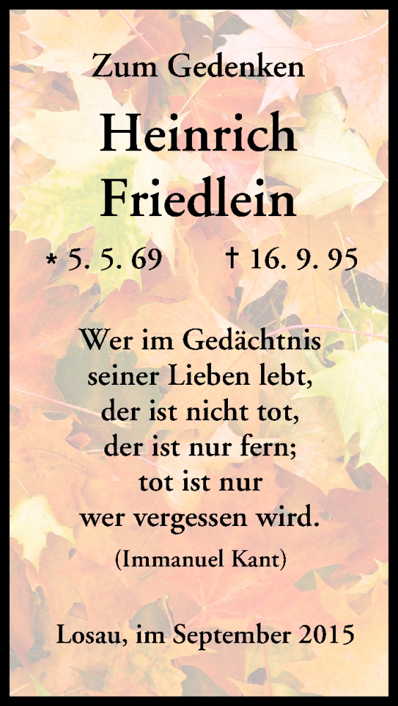 Traueranzeige für Heinrich Friedlein vom 16.09.2015 aus MGO