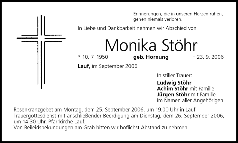  Traueranzeige für Monika Stöhr vom 25.09.2006 aus MGO