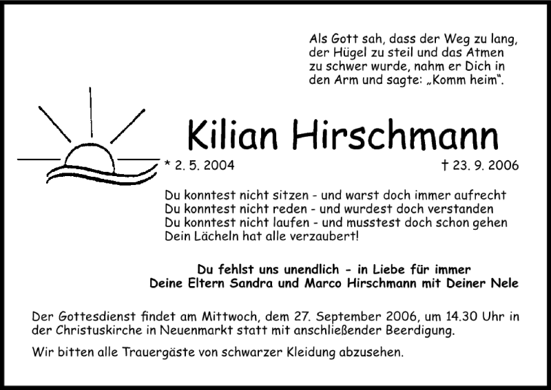  Traueranzeige für Kilian Hirschmann vom 25.09.2006 aus MGO