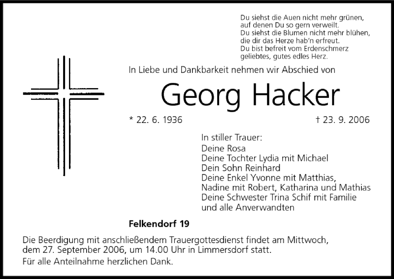  Traueranzeige für Georg Hacker vom 25.09.2006 aus MGO