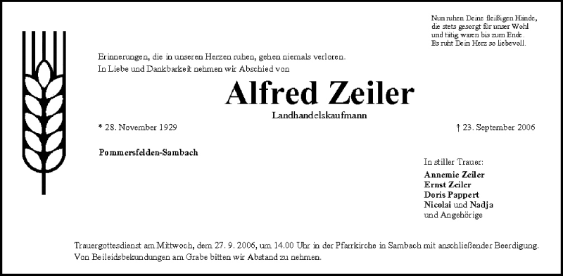  Traueranzeige für Alfred Zeiler vom 26.09.2006 aus MGO