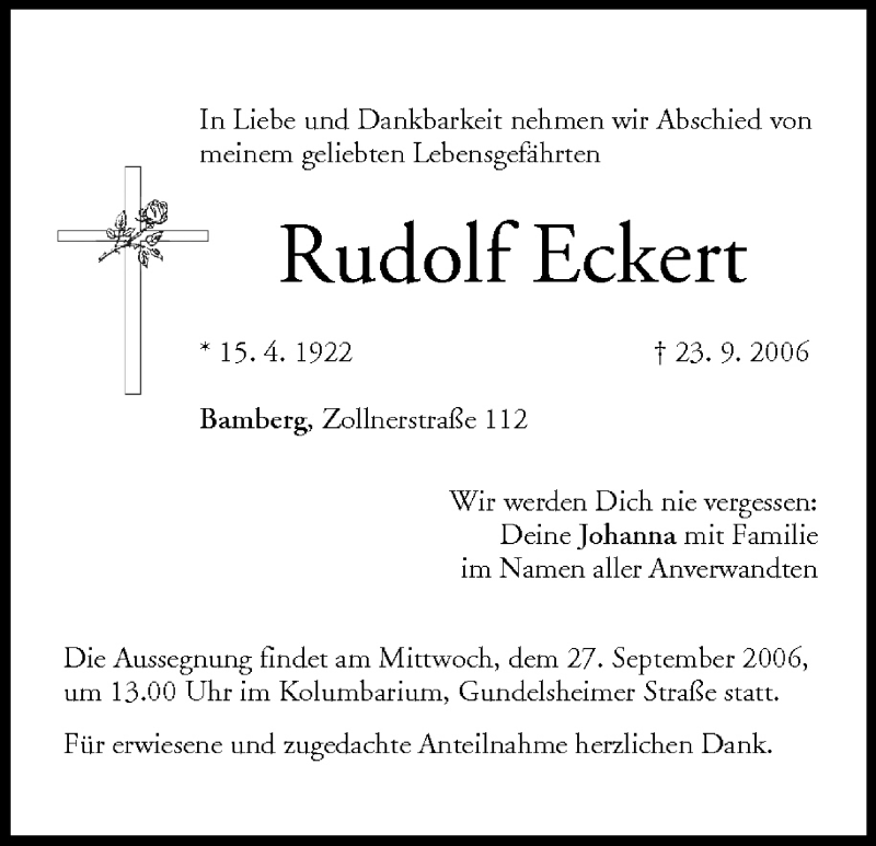  Traueranzeige für Rudolf Eckert vom 26.09.2006 aus MGO
