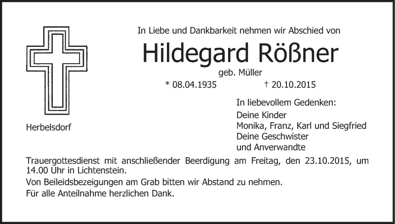 Traueranzeige für Hildegard Rößner vom 22.10.2015 aus MGO