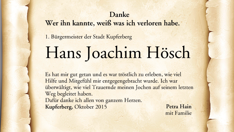  Traueranzeige für Hans Joachim Hösch vom 10.10.2015 aus MGO