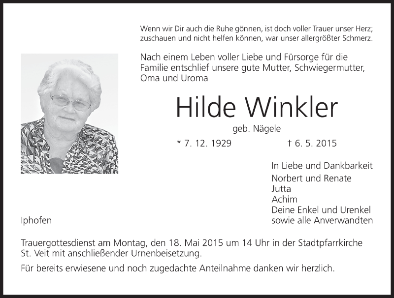  Traueranzeige für Hilde Winkler vom 13.05.2015 aus MGO