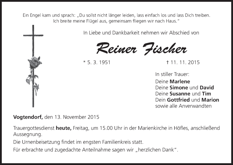  Traueranzeige für Reiner Fischer vom 13.11.2015 aus MGO