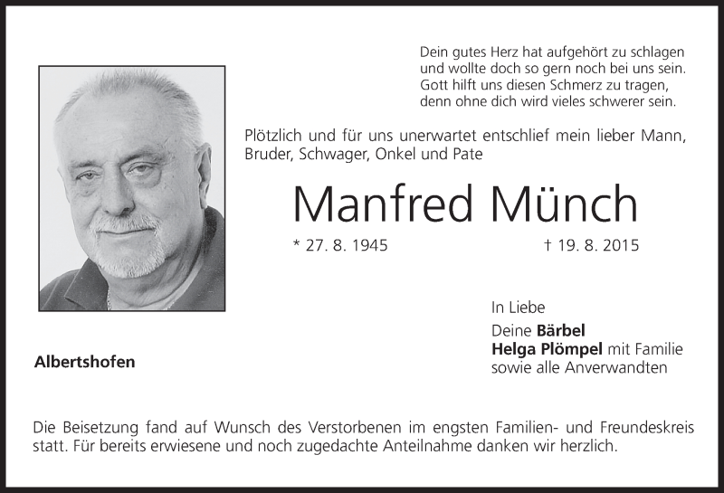  Traueranzeige für Manfred Münch vom 08.09.2015 aus MGO