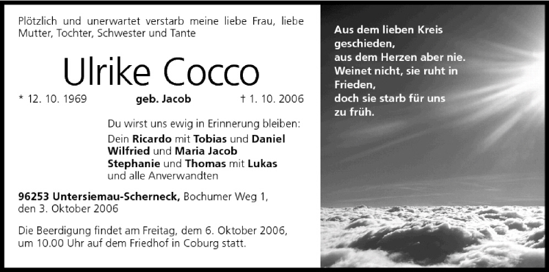  Traueranzeige für Ulrike Cocco vom 03.10.2006 aus MGO
