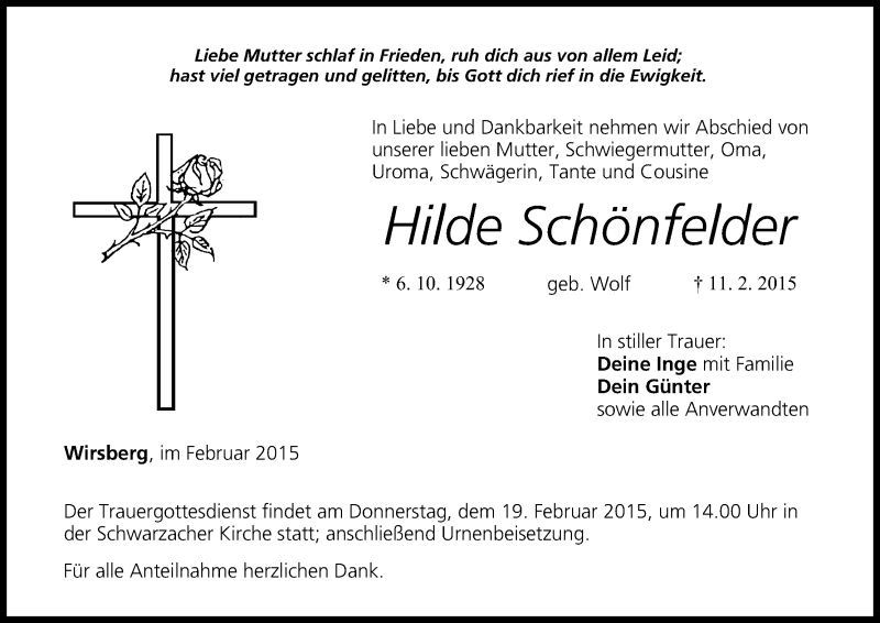  Traueranzeige für Hilde Schönfelder vom 17.02.2015 aus MGO