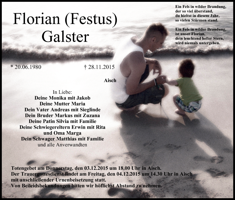  Traueranzeige für Florian Galster vom 02.12.2015 aus MGO
