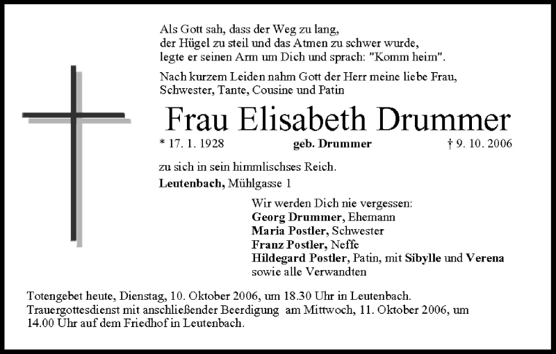  Traueranzeige für Elisabeth Drummer vom 10.10.2006 aus MGO