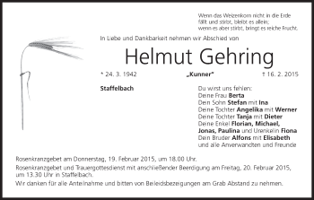 Anzeige von Helmut Gehring von MGO