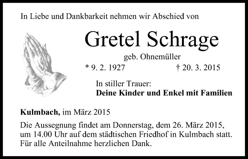  Traueranzeige für Gretel Schrage vom 24.03.2015 aus MGO