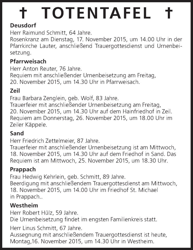  Traueranzeige für Totentafel vom 16.11.2015 vom 16.11.2015 aus MGO