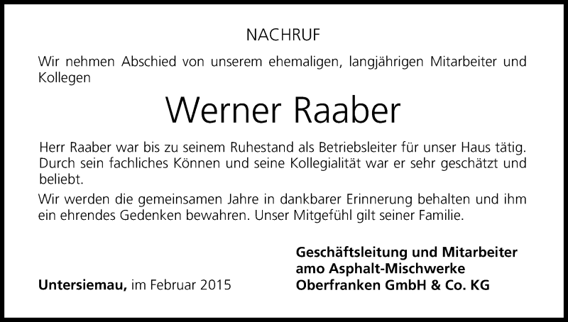  Traueranzeige für Werner Raaber vom 26.02.2015 aus MGO