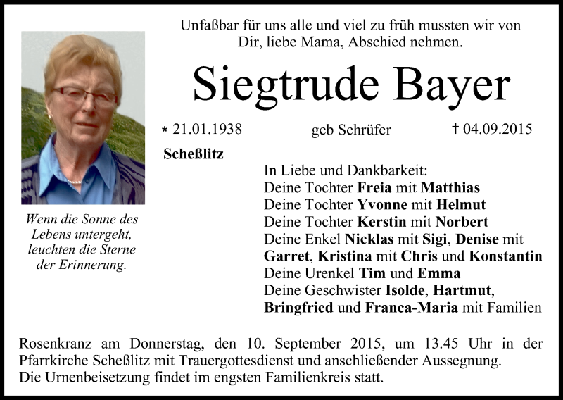  Traueranzeige für Siegtrude Bayer vom 08.09.2015 aus MGO