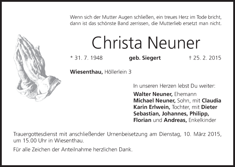  Traueranzeige für Christa Neuner vom 06.03.2015 aus MGO