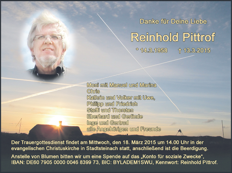  Traueranzeige für Reinhold Pittrof vom 16.03.2015 aus MGO