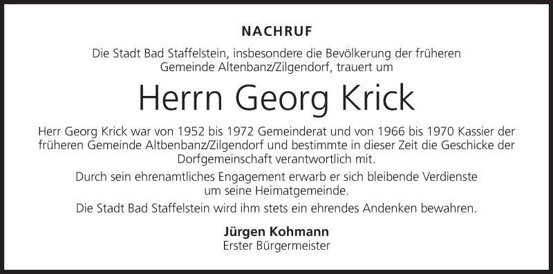  Traueranzeige für Georg Krick vom 03.03.2015 aus MGO