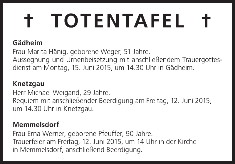  Traueranzeige für Totentafel vom 11.06.2015 vom 11.06.2015 aus MGO