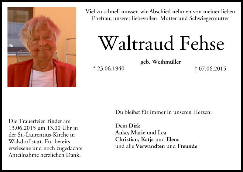  Traueranzeige für Waltraud Fehse vom 10.06.2015 aus MGO