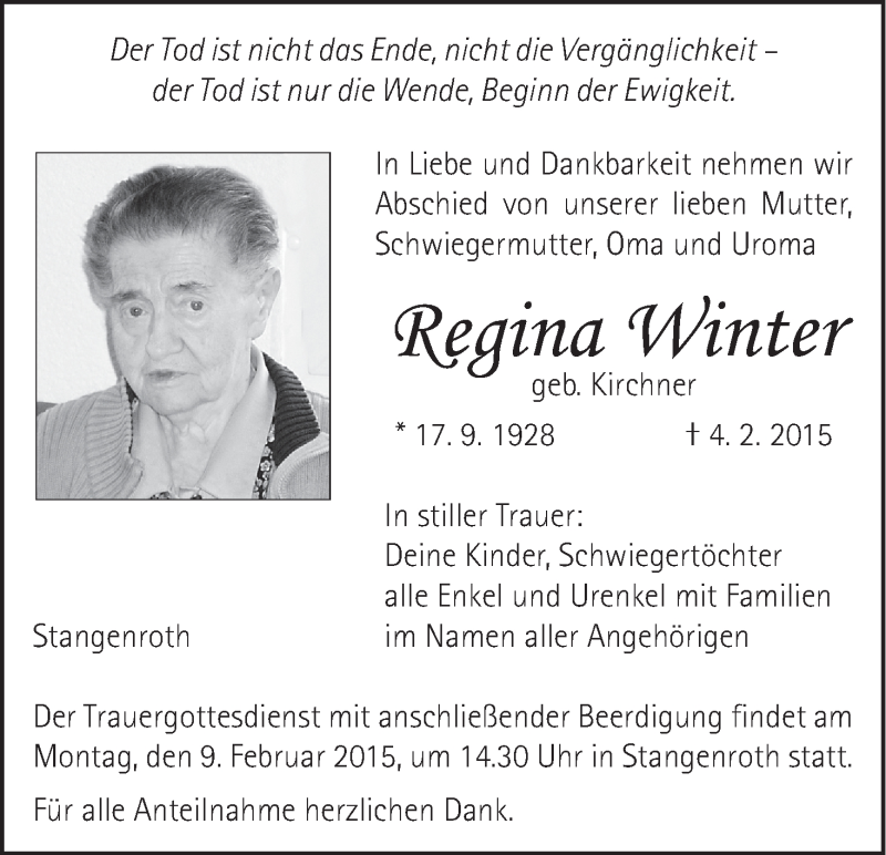  Traueranzeige für Regina Winter vom 06.02.2015 aus MGO